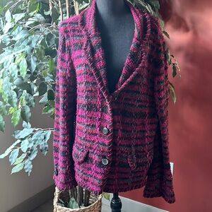 Multi color loose weave sweater fashioned after a blazer with 3 button closure